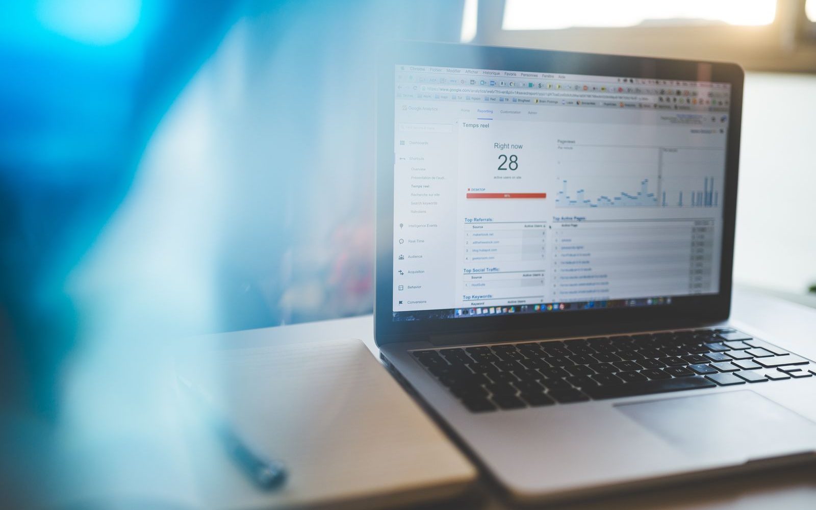 Laptop care afișează Google Analytics într-un spațiu de lucru modern