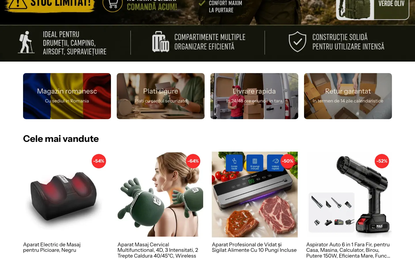 Captură de ecran a site-ului AC Magazin, continuarea paginii principale