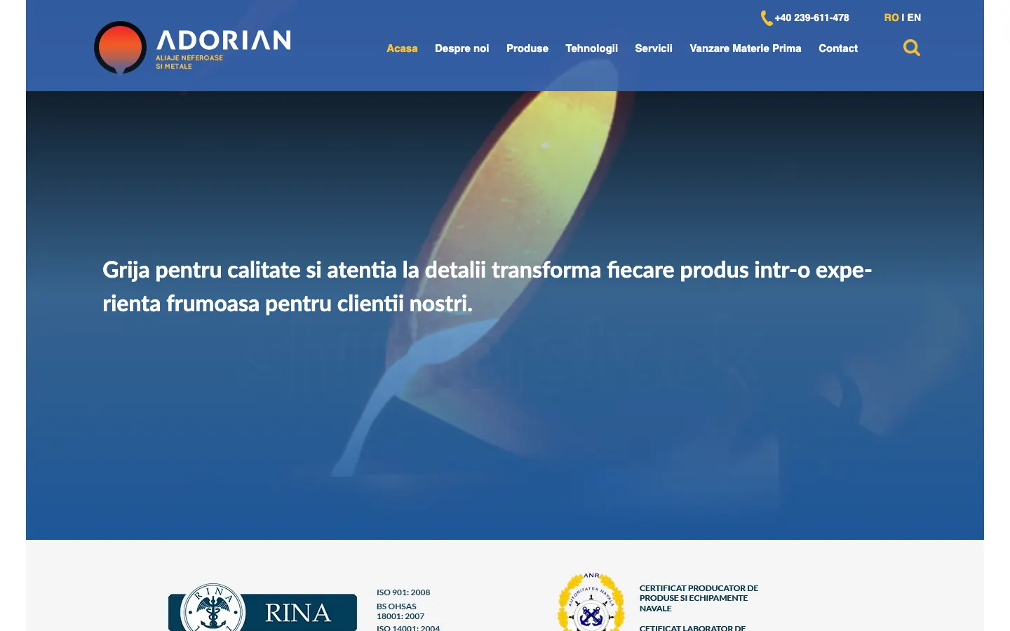 Captură de ecran a site-ului Adorian, pagina principală