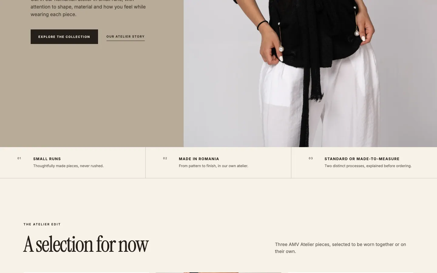 Captură de ecran a site-ului AMV Atelier, continuarea paginii principale