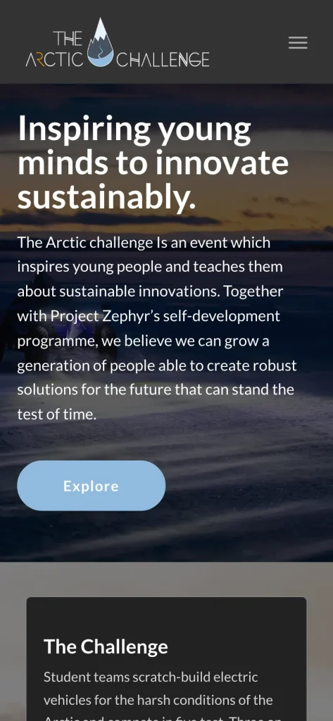 Captură de ecran a site-ului The Arctic Challenge, versiunea pentru telefon