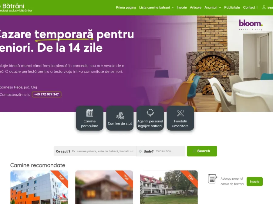 Captură de ecran a site-ului Cămine Bătrâni, pagina principală