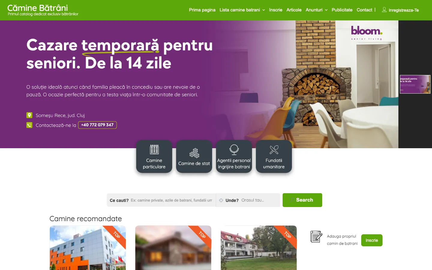 Captură de ecran a site-ului Cămine Bătrâni, pagina principală