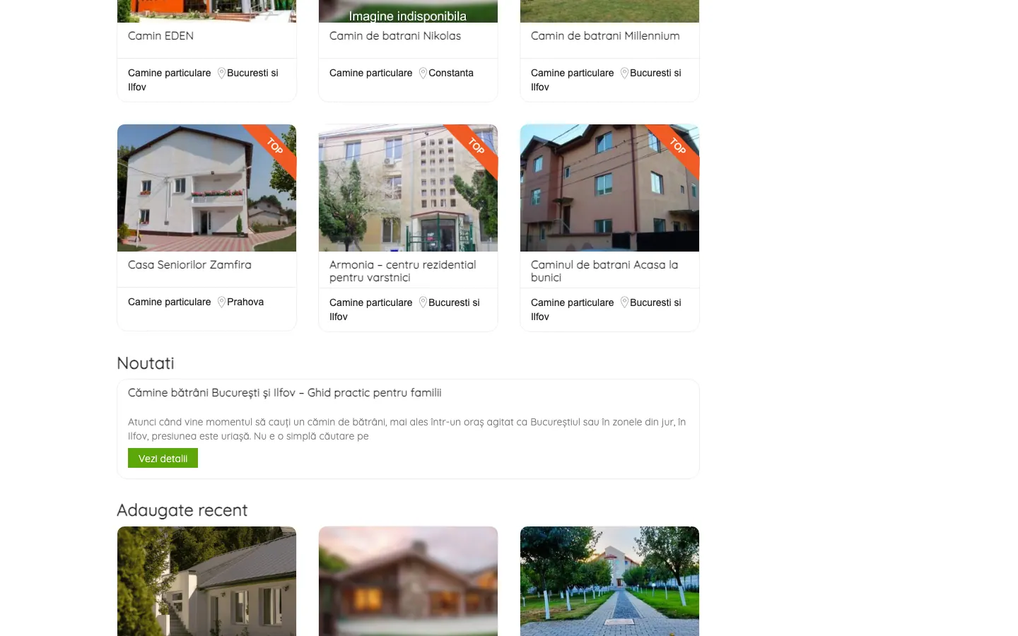 Captură de ecran a site-ului Cămine Bătrâni, continuarea paginii principale