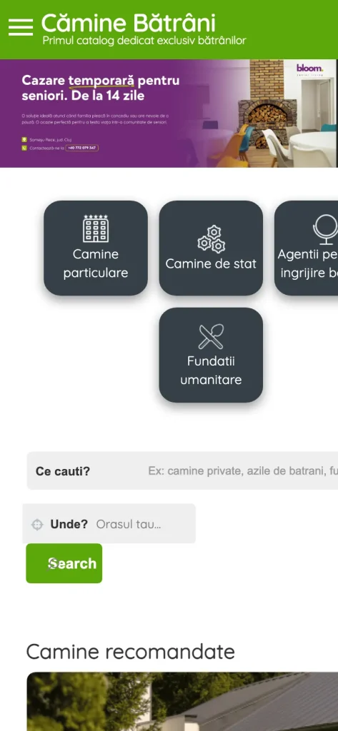 Captură de ecran a site-ului Cămine Bătrâni, versiunea pentru telefon