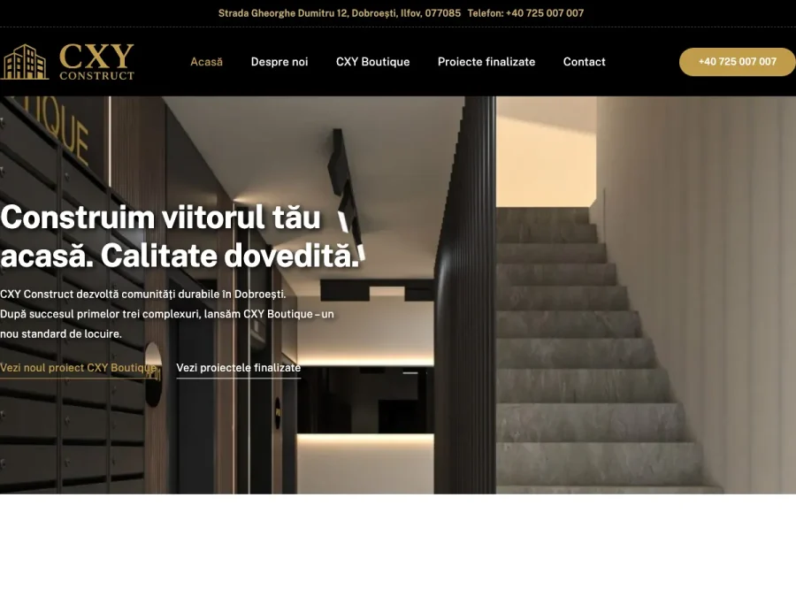 Captură de ecran a site-ului CXY Construct, pagina principală