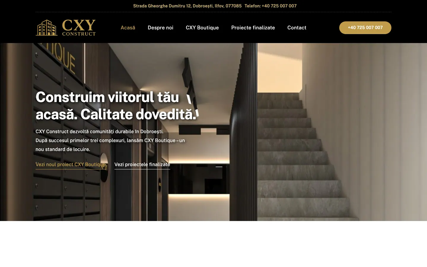 Captură de ecran a site-ului CXY Construct, pagina principală