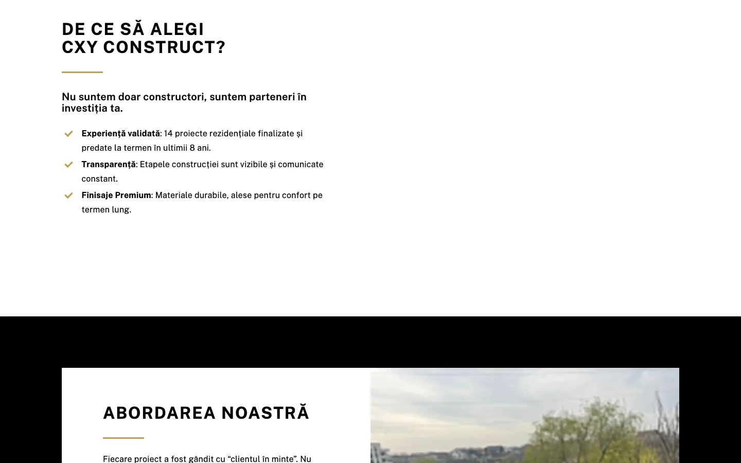 Captură de ecran a site-ului CXY Construct, continuarea paginii principale