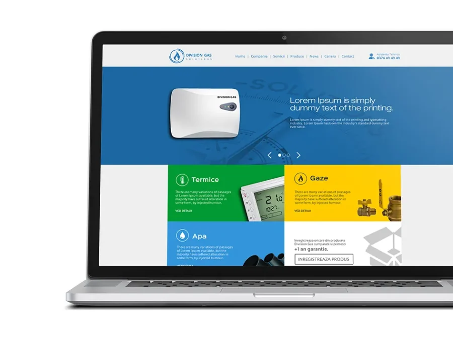 Machetă de design pentru site-ul Division Gas, prezentată pe laptop