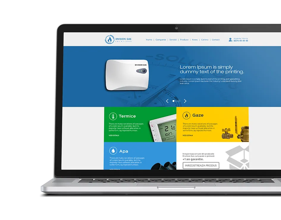 Machetă de design pentru site-ul Division Gas, prezentată pe laptop