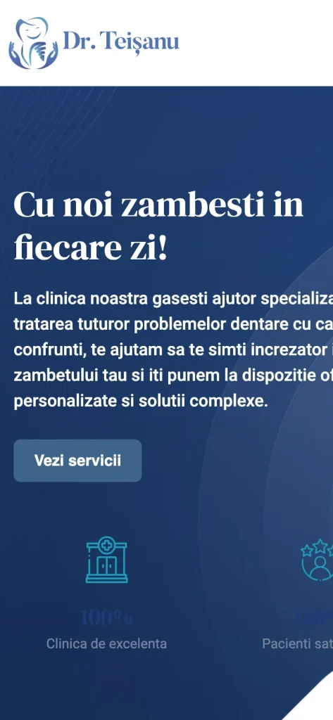 Captură de ecran a site-ului Clinica Doctor Teișanu, versiunea pentru telefon