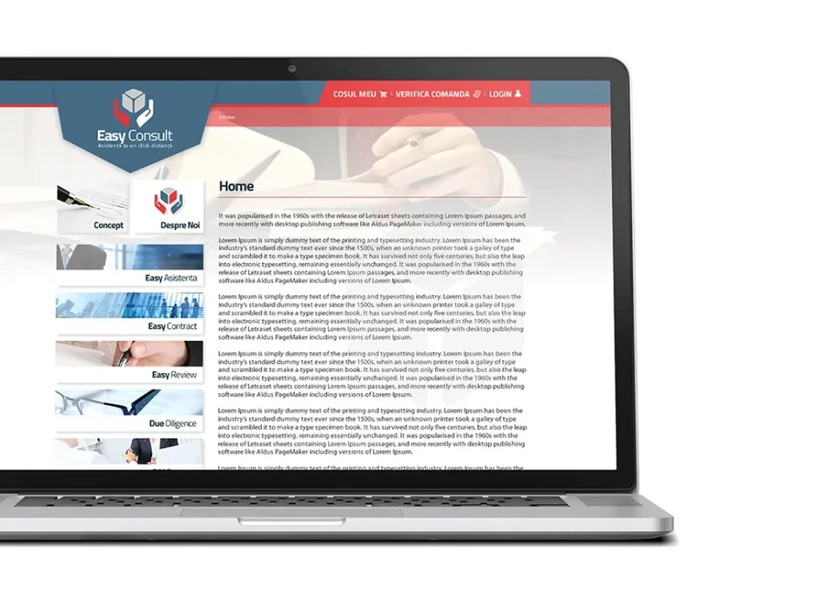 Machetă de design pentru site-ul Easy Consult, prezentată pe laptop