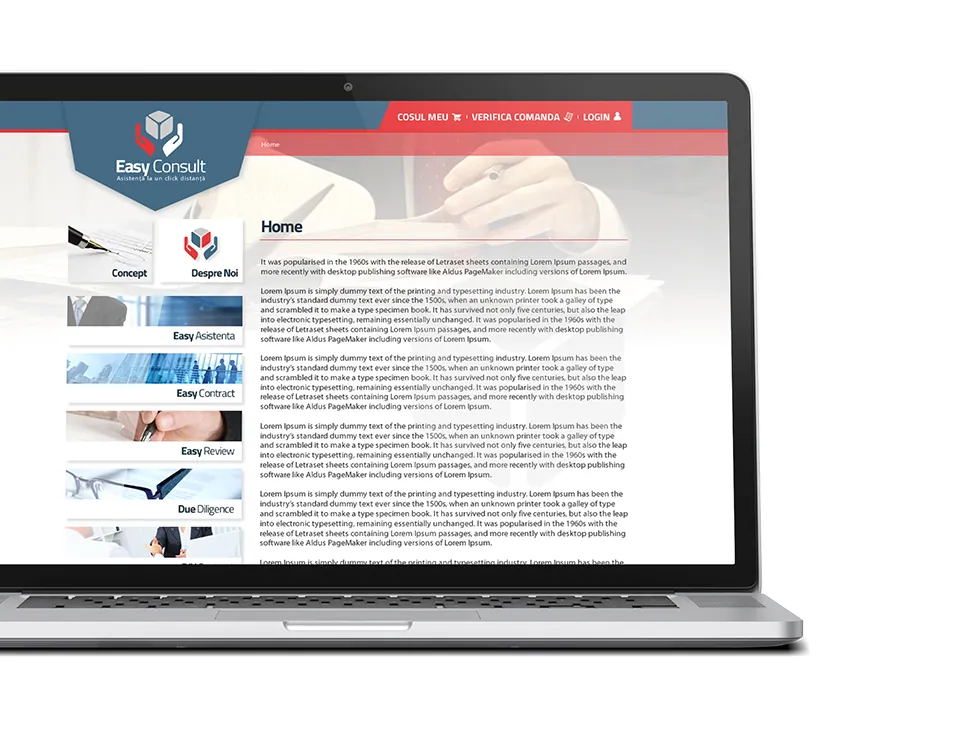 Machetă de design pentru site-ul Easy Consult, prezentată pe laptop