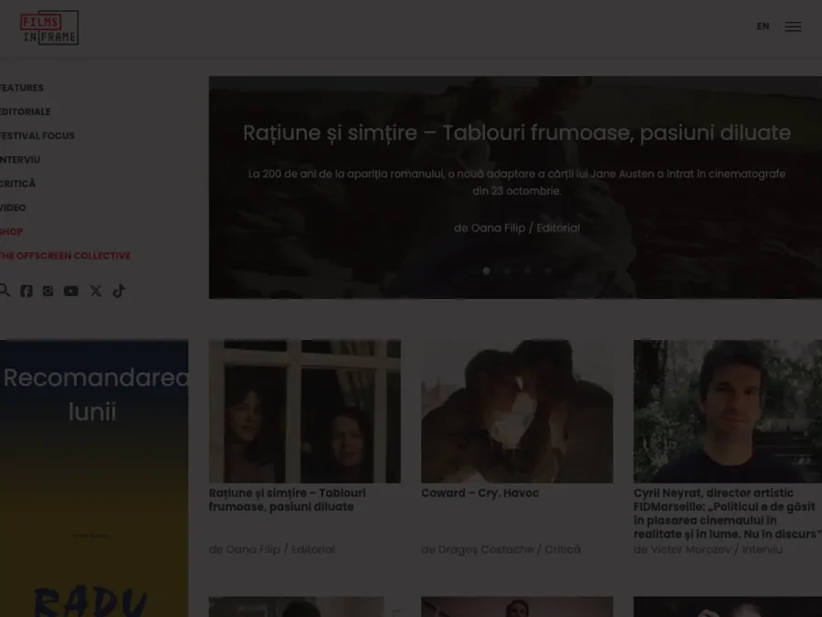 Captură de ecran a site-ului Films in Frame, pagina principală