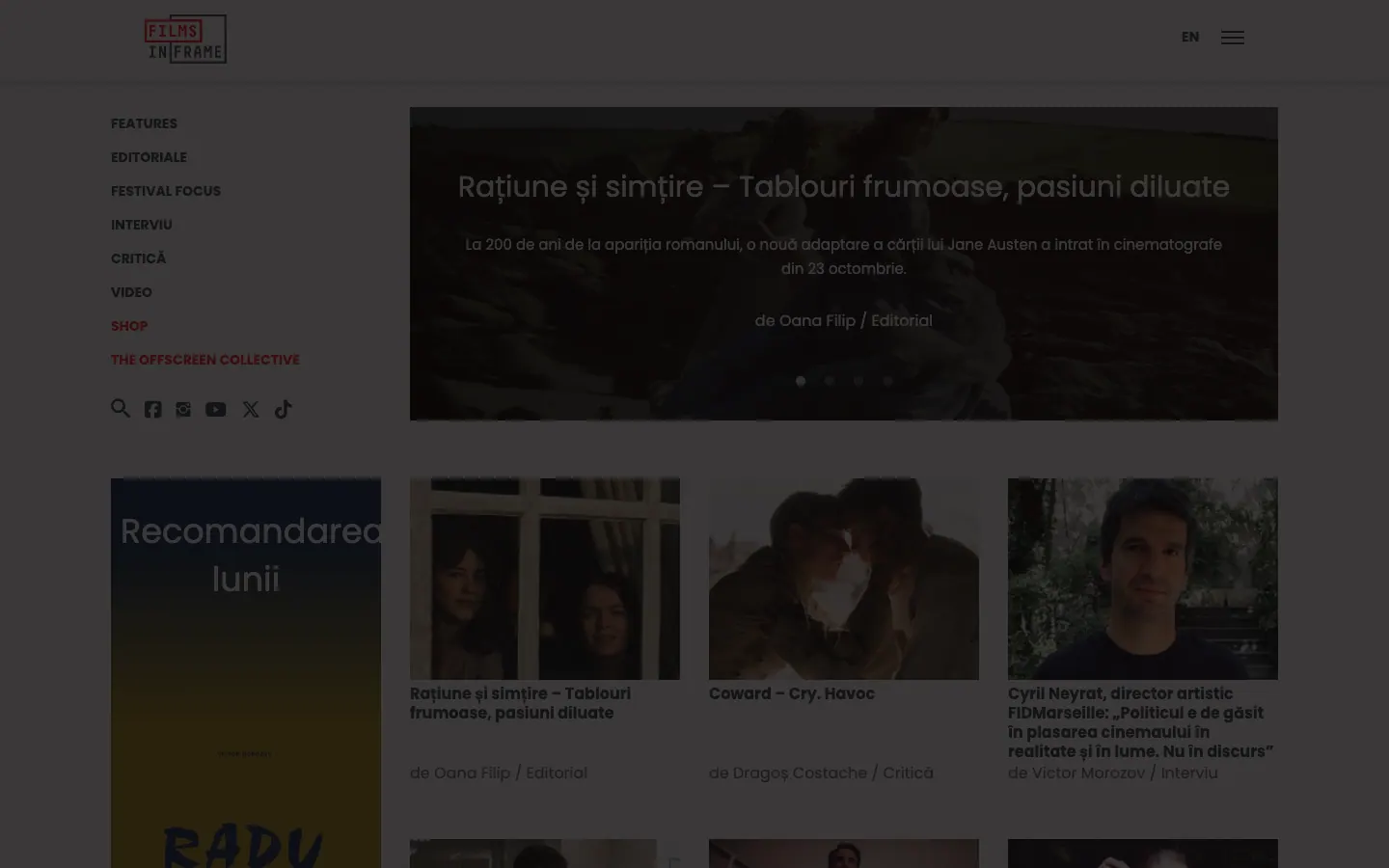 Captură de ecran a site-ului Films in Frame, pagina principală