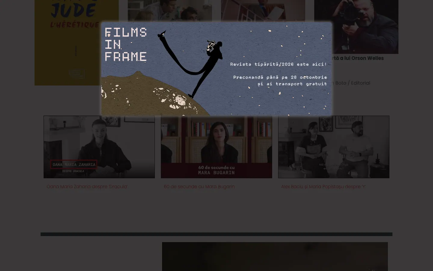 Captură de ecran a site-ului Films in Frame, continuarea paginii principale