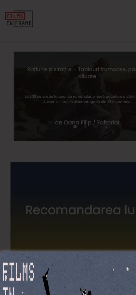 Captură de ecran a site-ului Films in Frame, versiunea pentru telefon