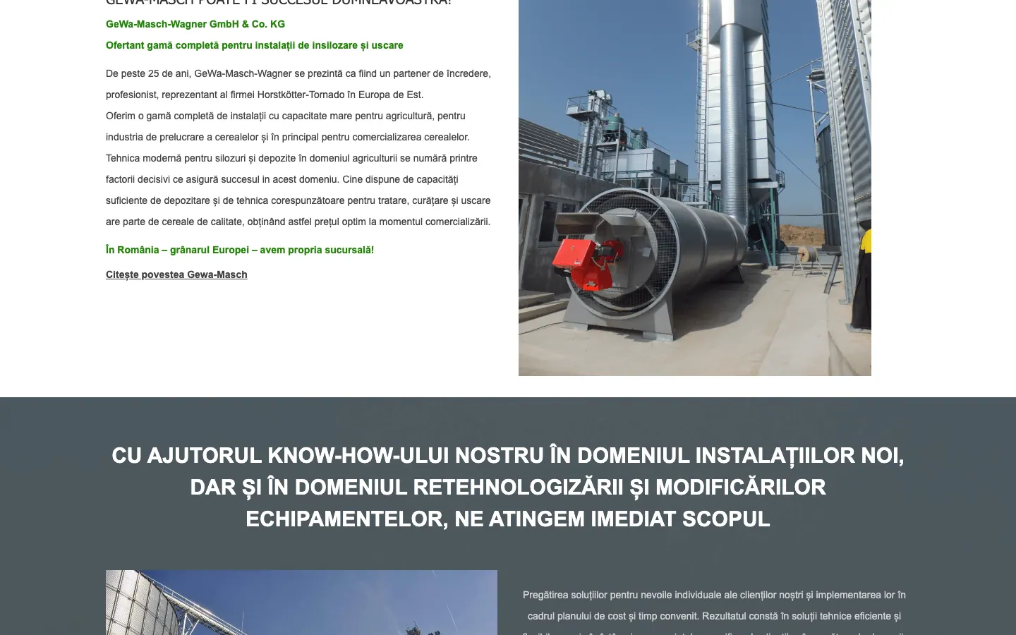 Captură de ecran a site-ului Gewa Masch, continuarea paginii principale