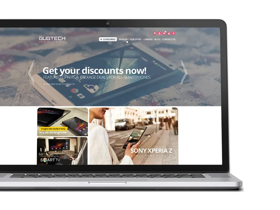 Machetă de design pentru site-ul Gugtech, prezentată pe laptop