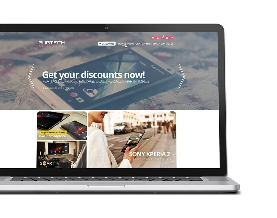 Machetă de design pentru site-ul Gugtech, prezentată pe laptop