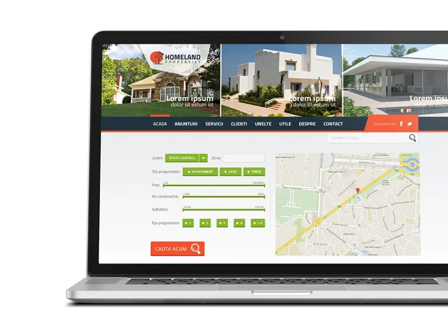 Machetă de design pentru site-ul Homeland Properties, prezentată pe laptop