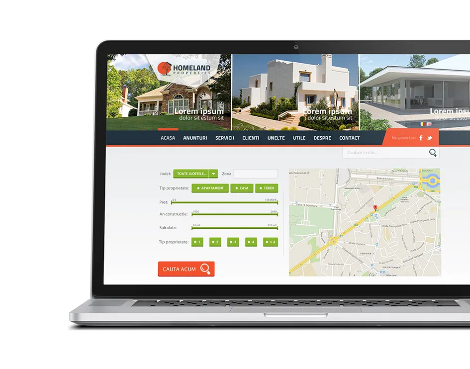 Machetă de design pentru site-ul Homeland Properties, prezentată pe laptop