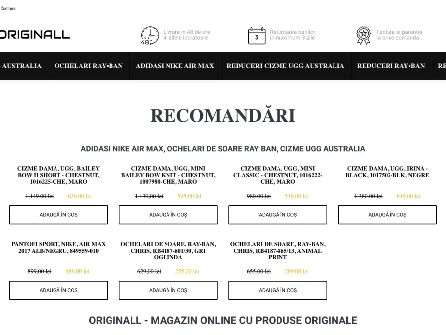 Captură din arhiva web a site-ului Originall, pagina principală