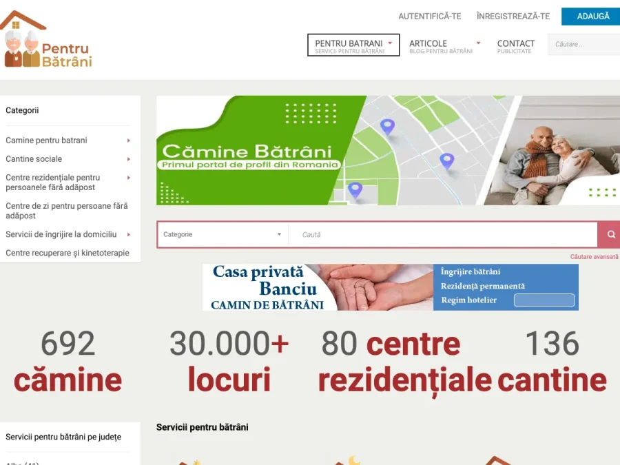 Captură de ecran a site-ului Pentru Bătrâni, pagina principală