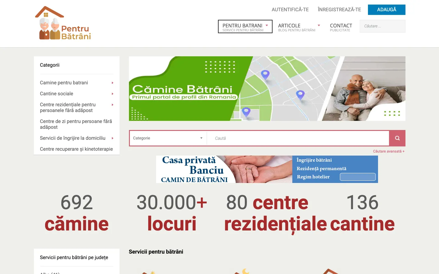 Captură de ecran a site-ului Pentru Bătrâni, pagina principală