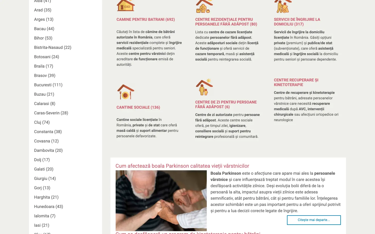 Captură de ecran a site-ului Pentru Bătrâni, continuarea paginii principale