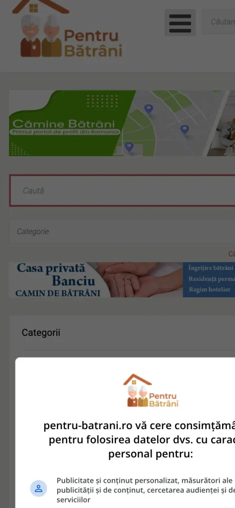 Captură de ecran a site-ului Pentru Bătrâni, versiunea pentru telefon