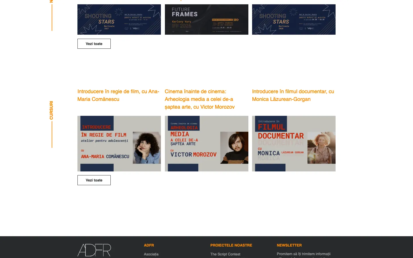 Captură de ecran a site-ului ADFR – Asociația de Dezvoltare a Filmului Românesc, continuarea paginii principale