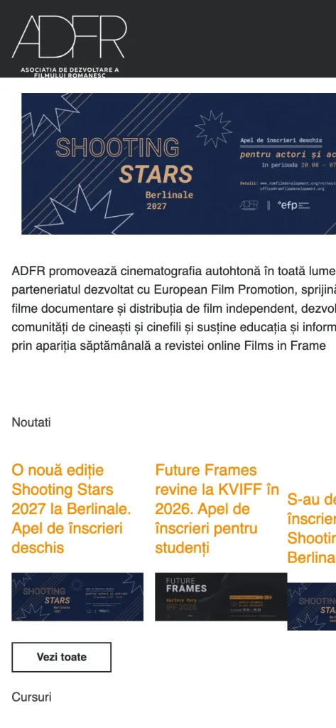 Captură de ecran a site-ului ADFR – Asociația de Dezvoltare a Filmului Românesc, versiunea pentru telefon