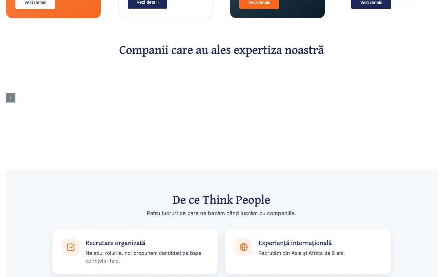 Captură de ecran a site-ului Think People, continuarea paginii principale