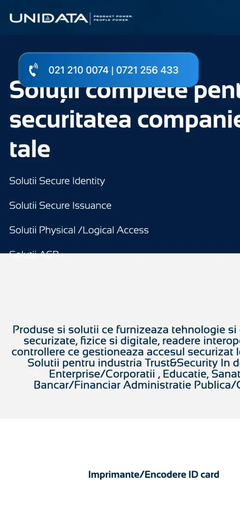 Captură de ecran a site-ului Unidata, versiunea pentru telefon