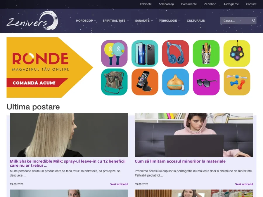 Captură de ecran a site-ului Zenivers, pagina principală