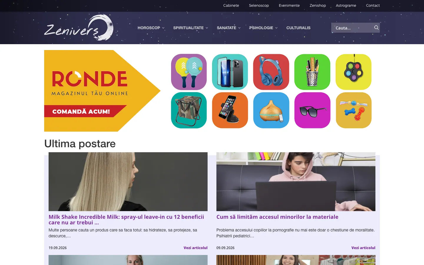 Captură de ecran a site-ului Zenivers, pagina principală