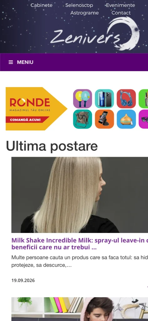 Captură de ecran a site-ului Zenivers, versiunea pentru telefon