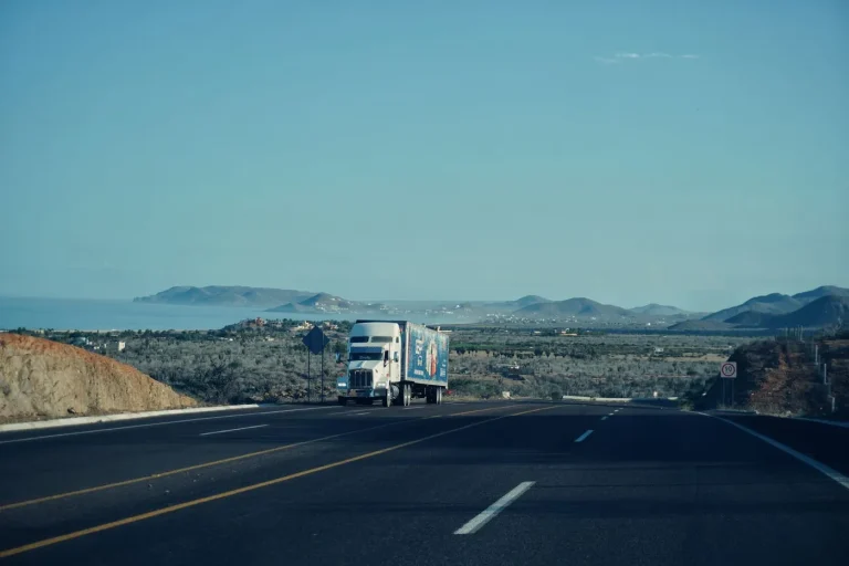Camion alb pe o șosea panoramică cu munți în fundal