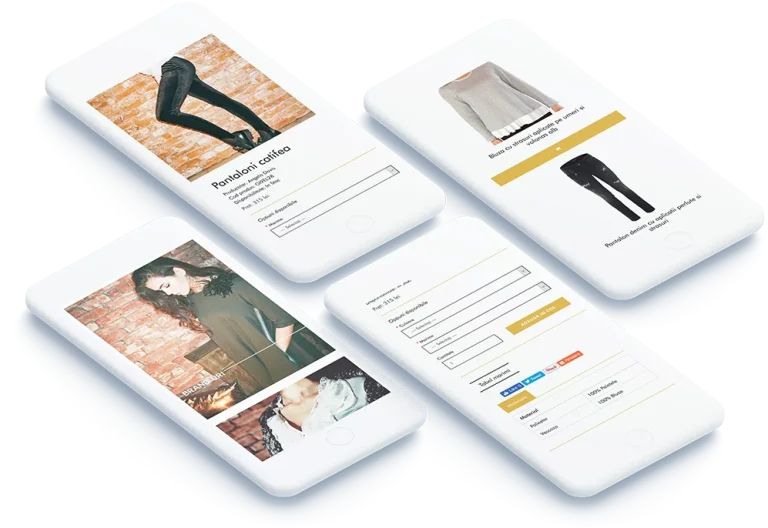 Patru telefoane cu pagini de magazin online: listă de produse și pagină de produs