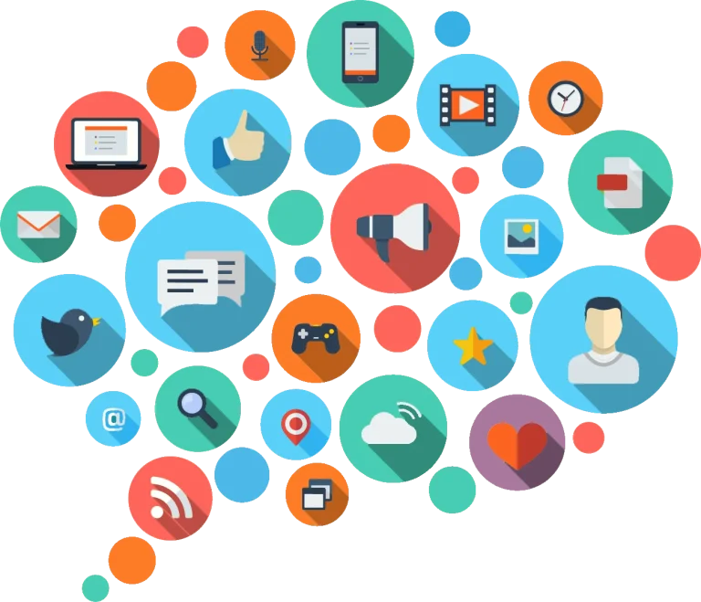 Bule colorate cu iconițe de social media: aprecieri, video, mesaje și notificări